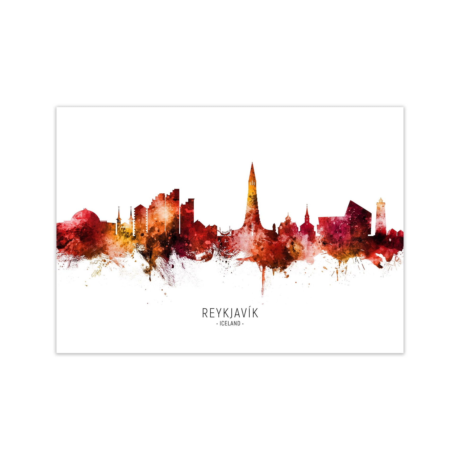 Reykjavik Iceland Skyline Red City Name  by Michael Tompsett Print Only