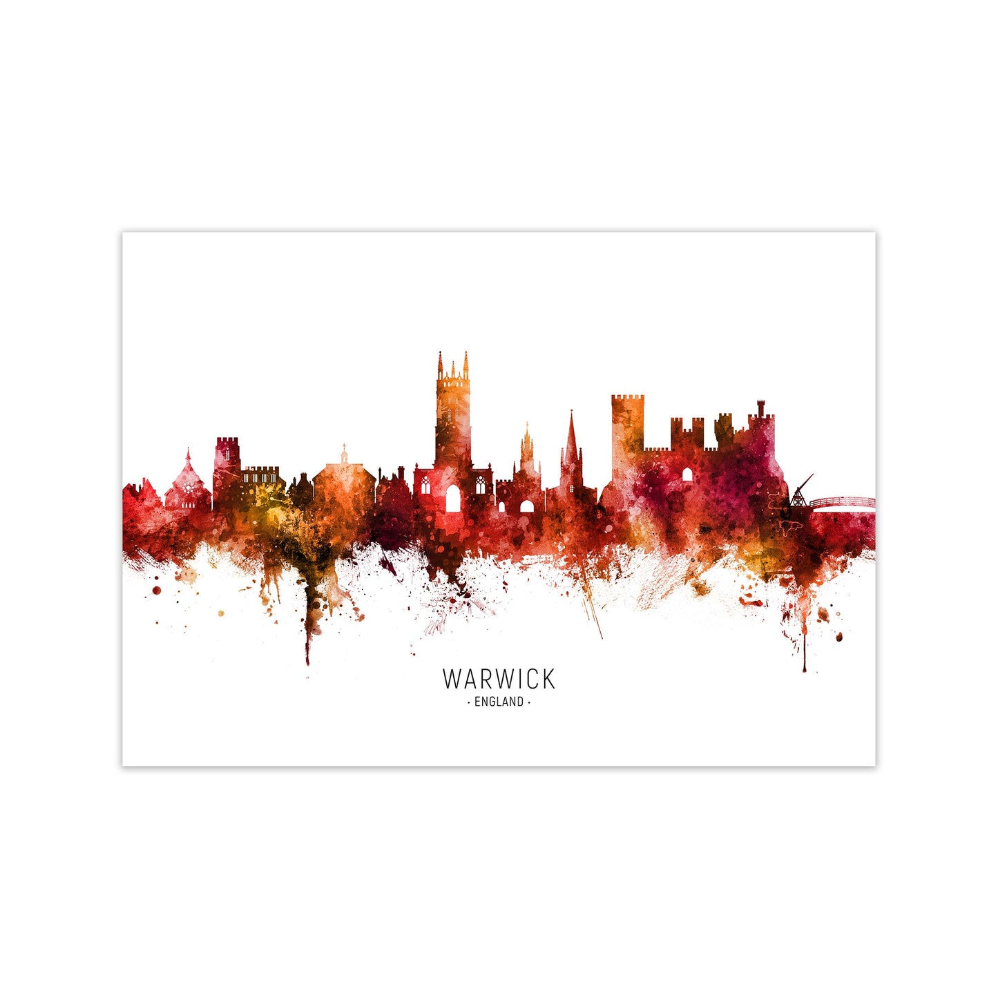 Warwick England Skyline Red City Name  by Michael Tompsett Print Only