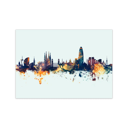 Barcelona Spain Skyline Blue Orange Art Print by Michael Tompsett Print Only