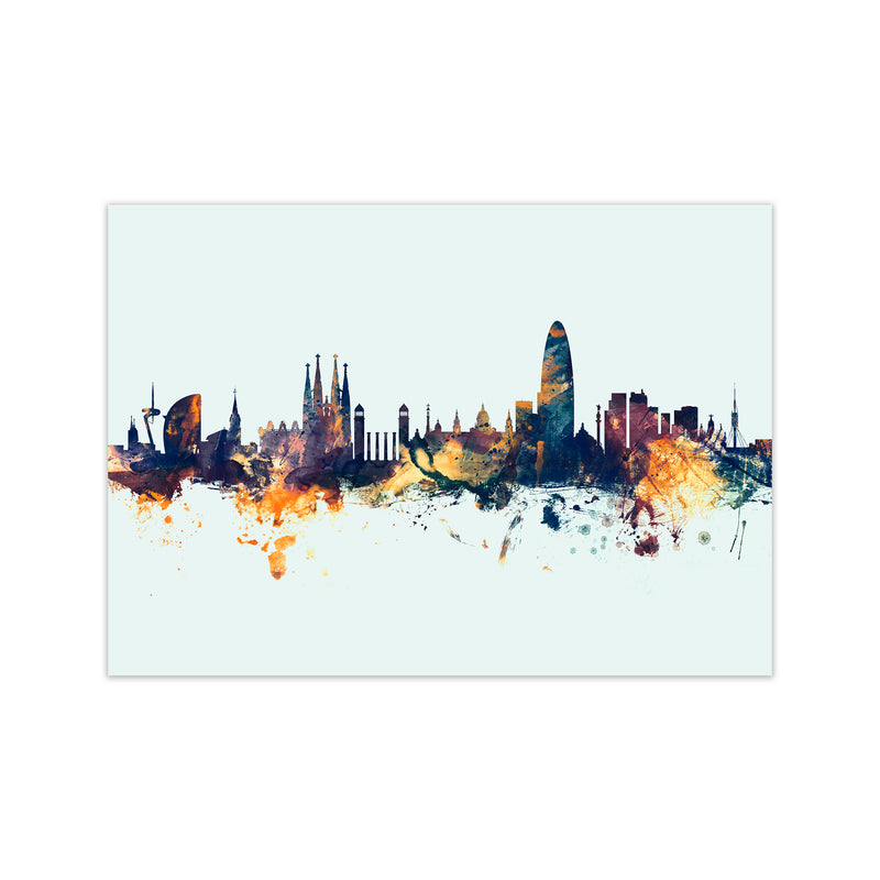 Barcelona Spain Skyline Blue Orange Art Print by Michael Tompsett Print Only