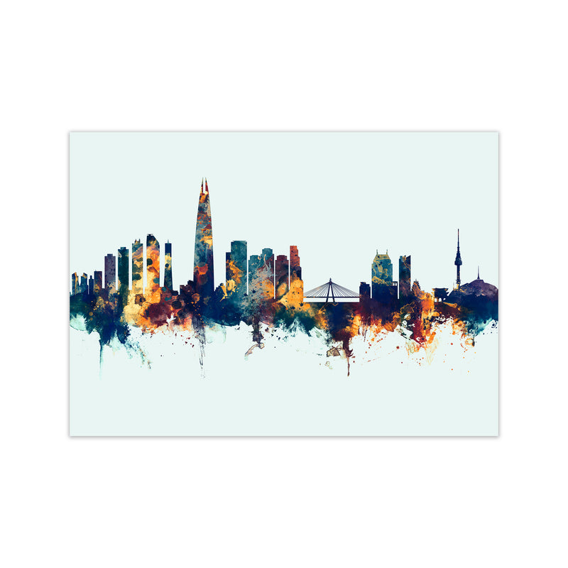 Seoul South Korea Skyline Blue Orange Art Print by Michael Tompsett Print Only