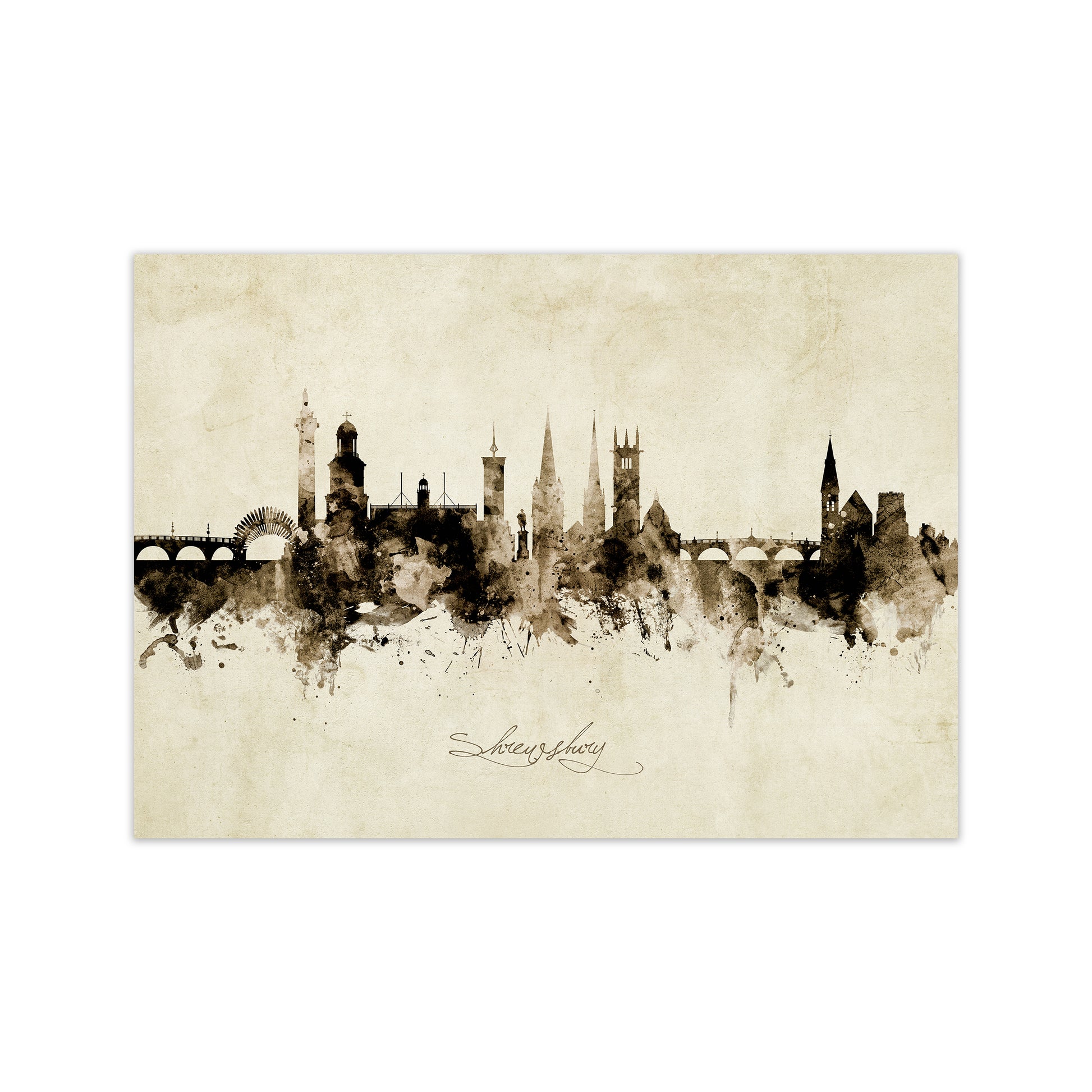 Shrewsbury England Skyline Vintage Art Print by Michael Tompsett Print Only