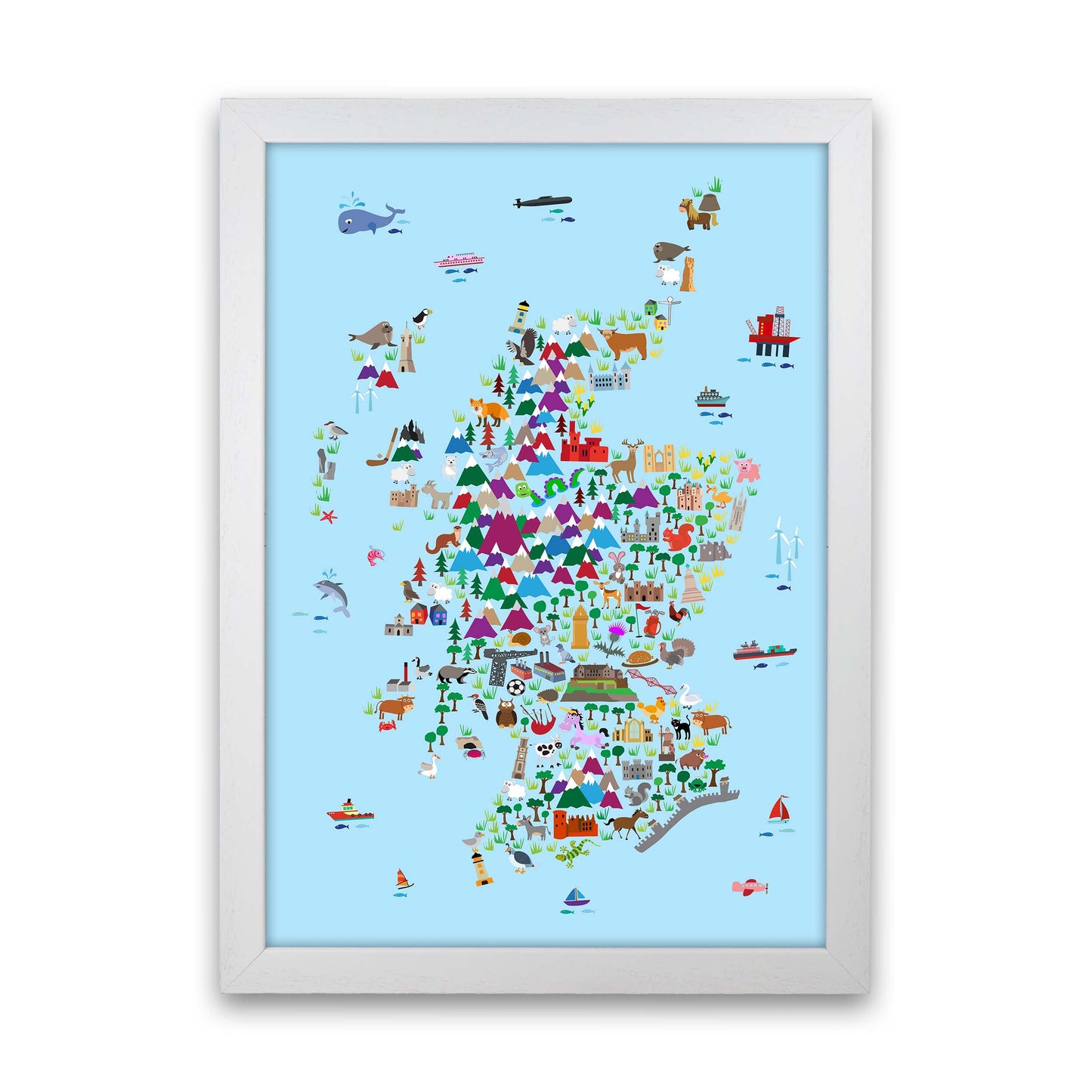 Animal Map of Scotland Blue Nursery Print by Michael Tompsett White Grain