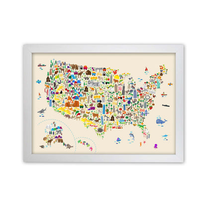 Animal Map of United States Beige Print by Michael Tompsett White Grain