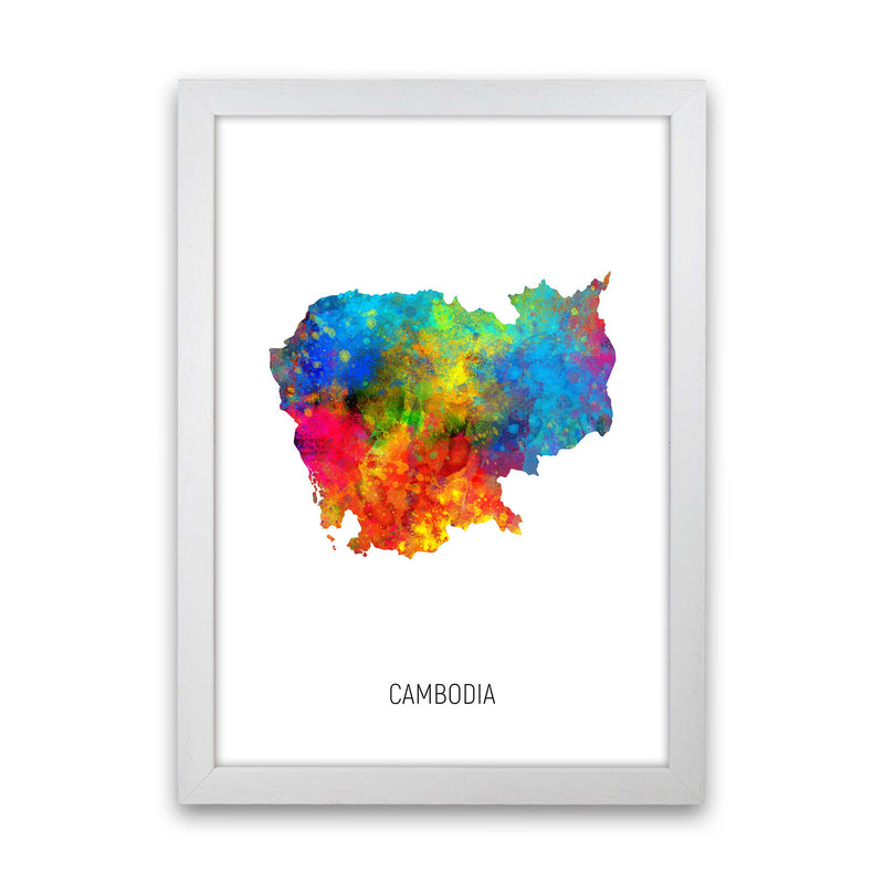 Cambodia Watercolour Map Art Print by Michael Tompsett White Grain