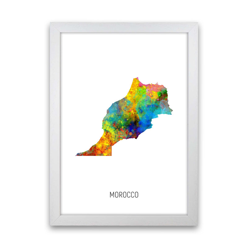 Morocco Watercolour Map Art Print by Michael Tompsett White Grain