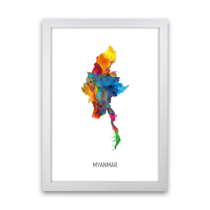 Myanmar Watercolour Map Art Print by Michael Tompsett White Grain
