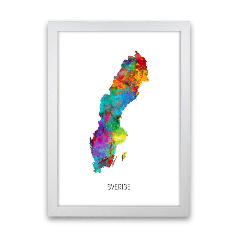 Sverige Watercolour Map Art Print by Michael Tompsett White Grain