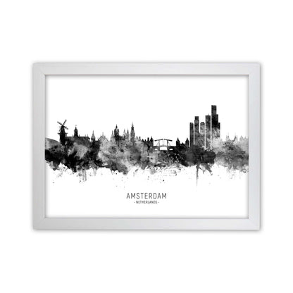 Amsterdam Netherlands Skyline Black White City Name  by Michael Tompsett White Grain