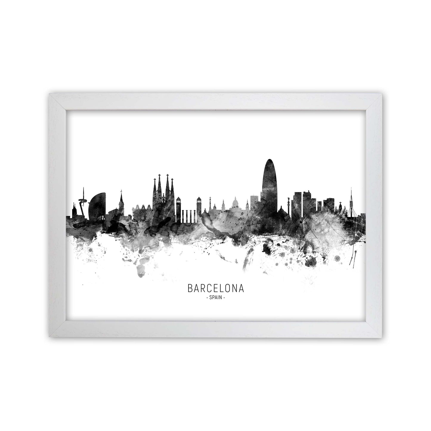 Barcelona Spain Skyline Black White City Name  by Michael Tompsett White Grain