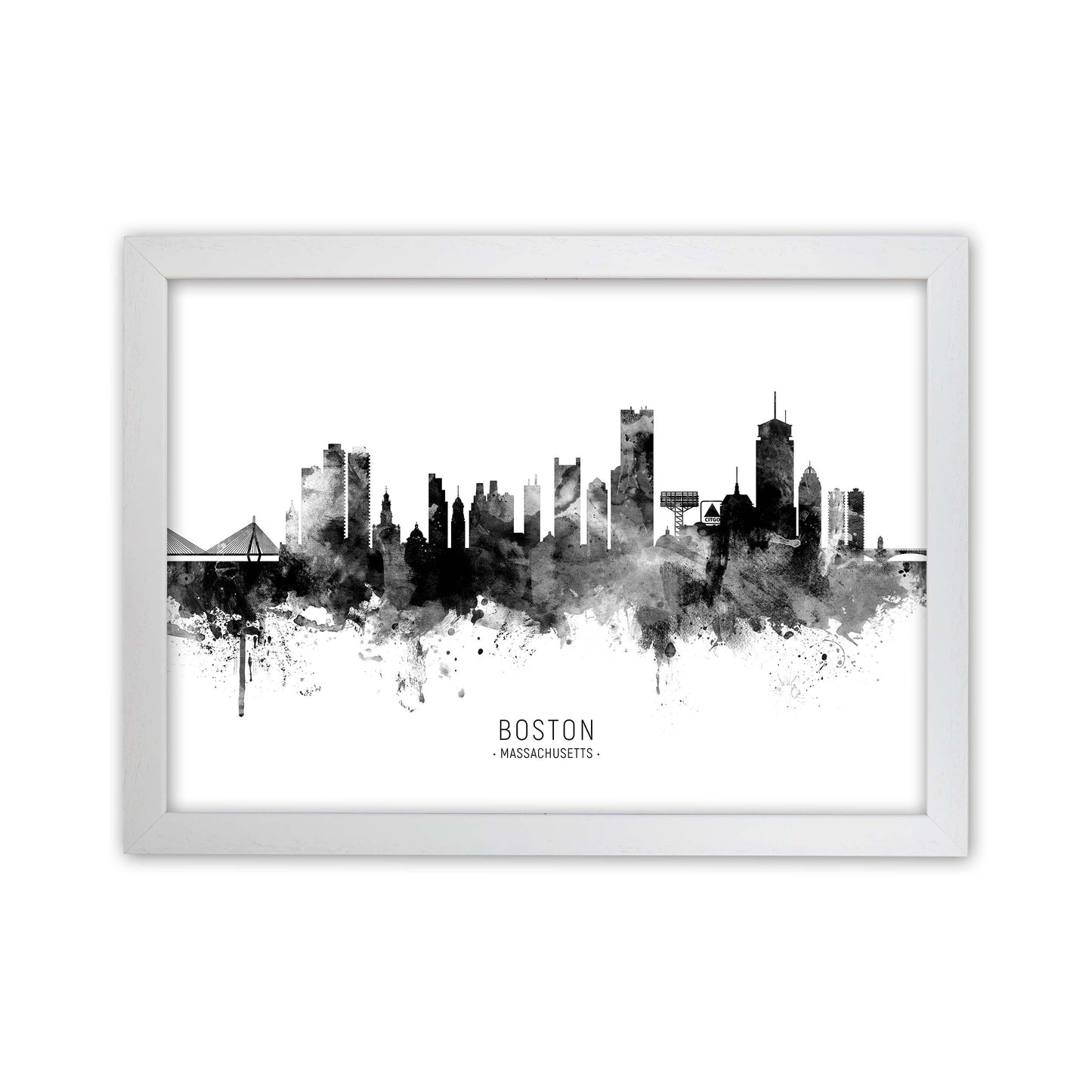 Boston Massachusetts Skyline Black White City Name  by Michael Tompsett White Grain
