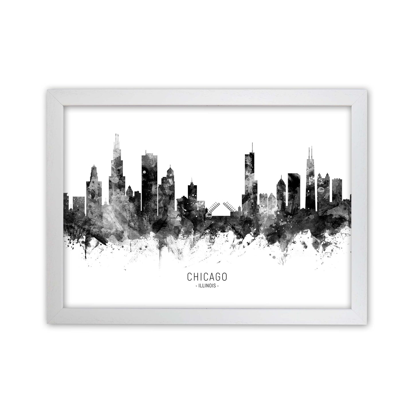 Chicago Illinois Skyline Black White City Name  by Michael Tompsett White Grain