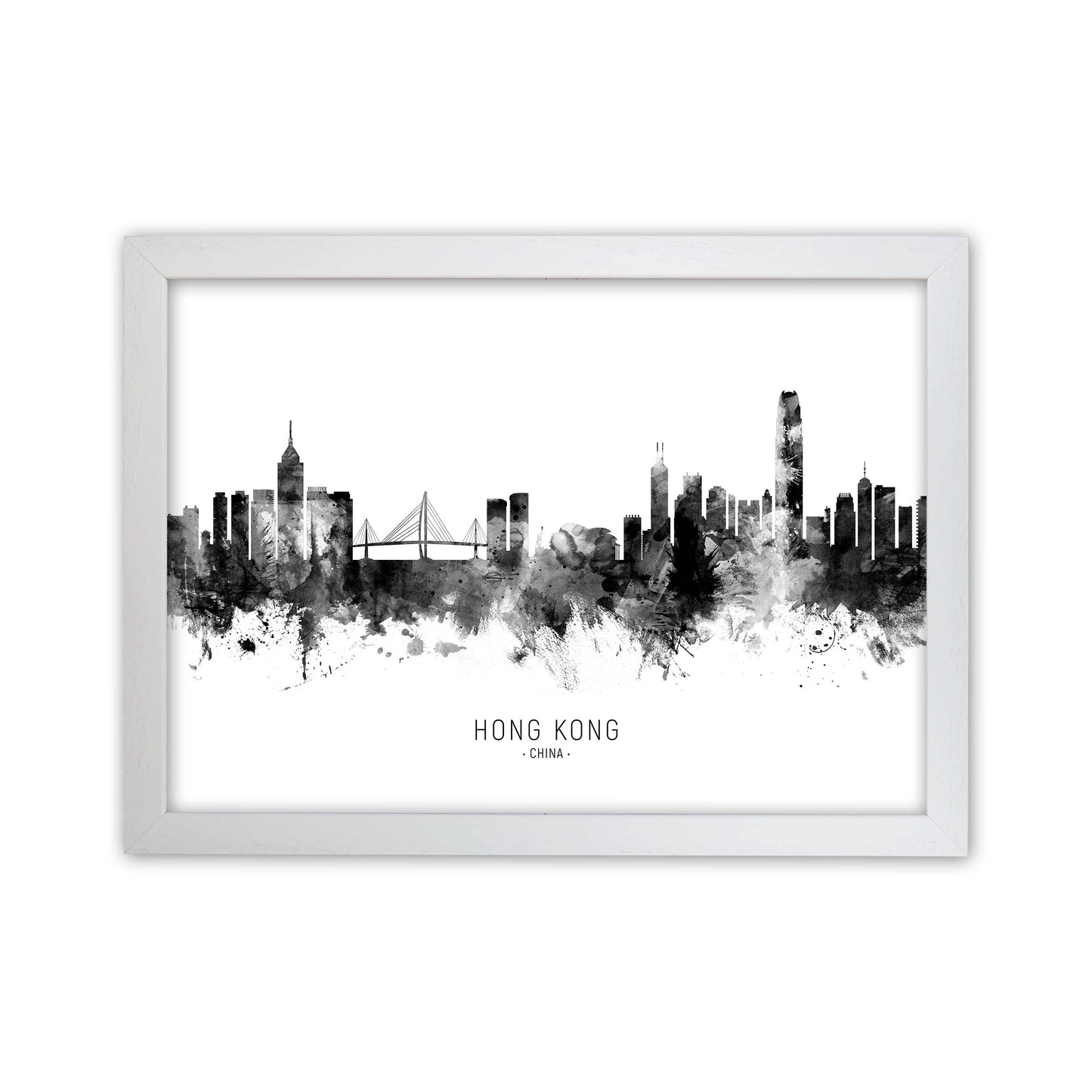 Hong Kong China Skyline Black White City Name  by Michael Tompsett White Grain