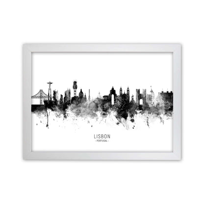 Lisbon Portugal Skyline Black White City Name  by Michael Tompsett White Grain
