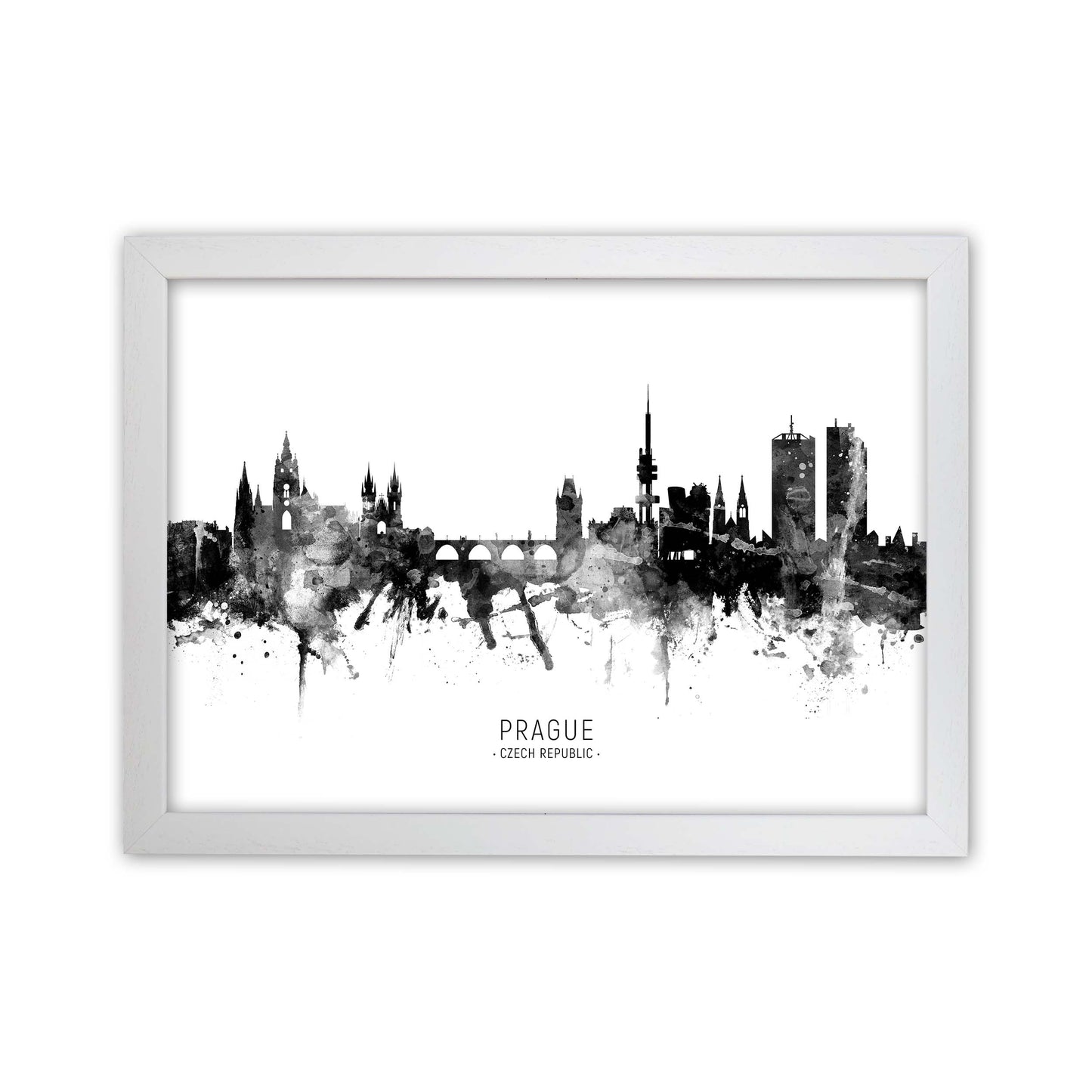 Prague Czech Republic Skyline Black White City Name  by Michael Tompsett White Grain