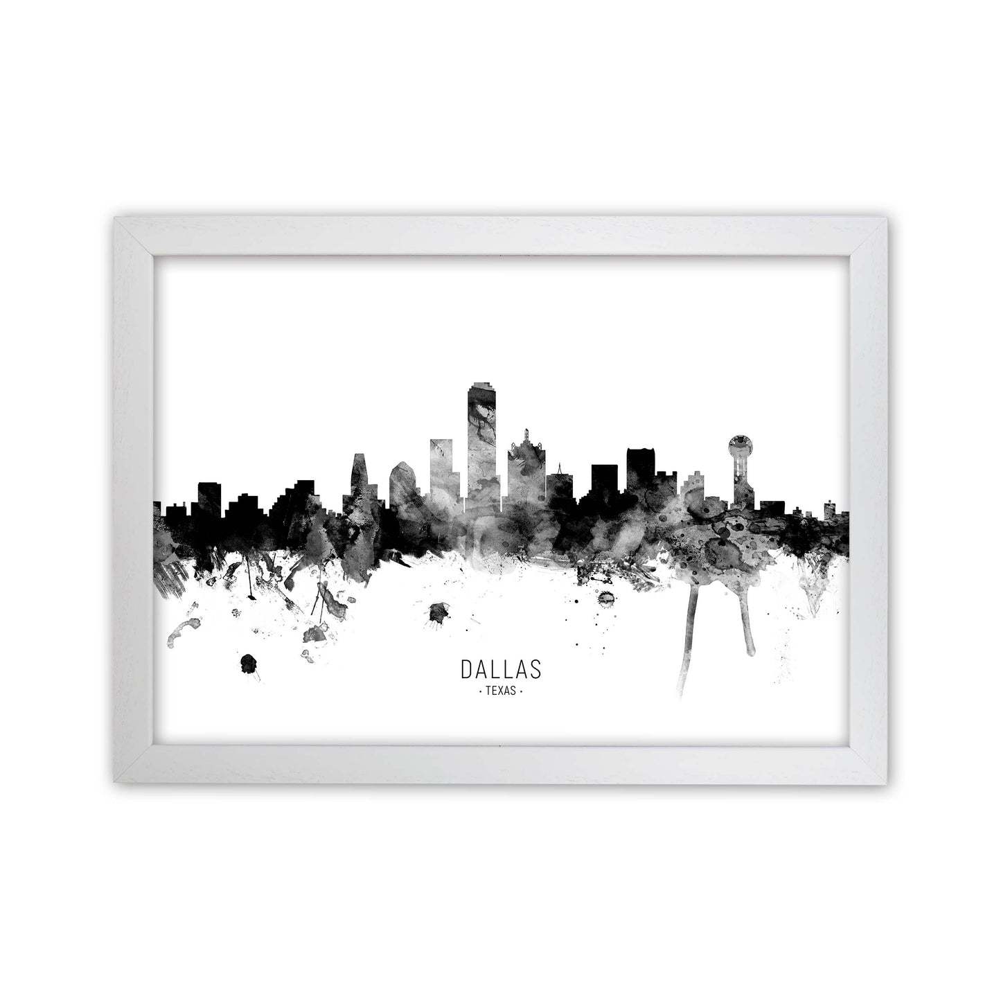 Dallas Texas Skyline Black White City Name  by Michael Tompsett White Grain