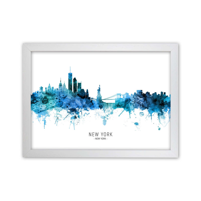 New York New York Skyline Blue City Name  by Michael Tompsett White Grain
