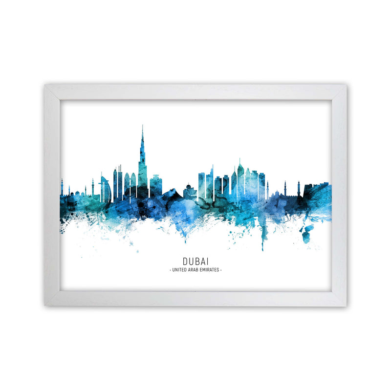 Dubai United Arab Emirates Skyline Blue City Name  by Michael Tompsett White Grain