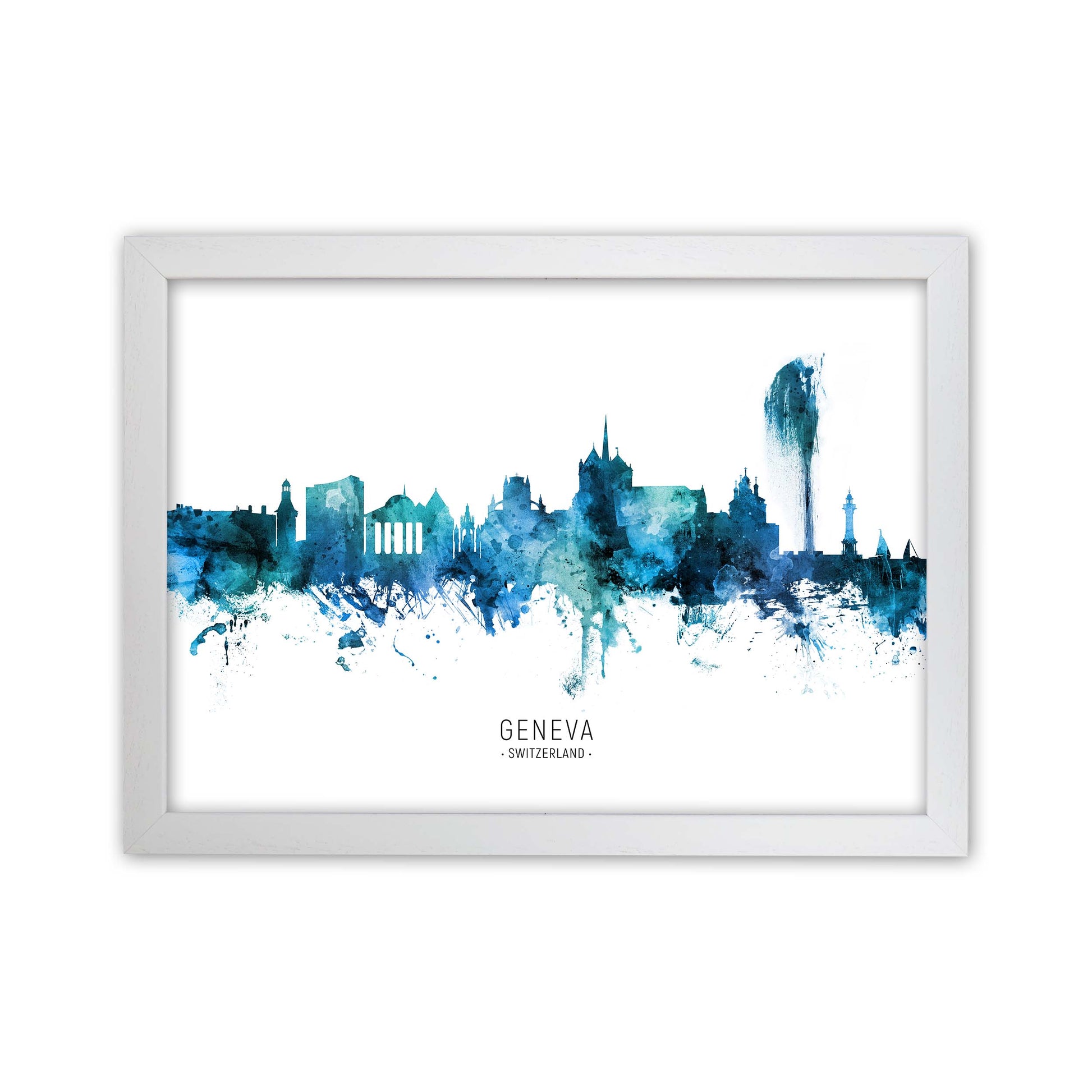 Geneva Switzerland Skyline Blue City Name  by Michael Tompsett White Grain
