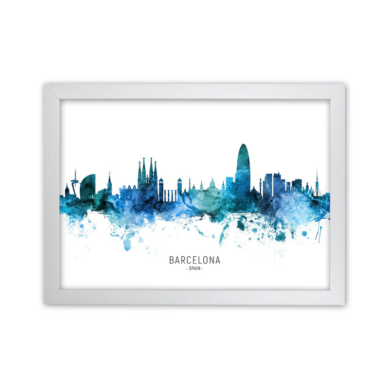 Barcelona Spain Skyline Blue City Name  by Michael Tompsett White Grain
