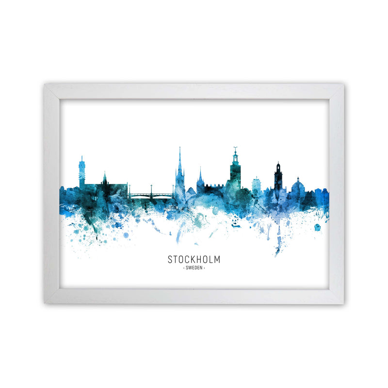 Stockholm Sweden Skyline Blue City Name  by Michael Tompsett White Grain