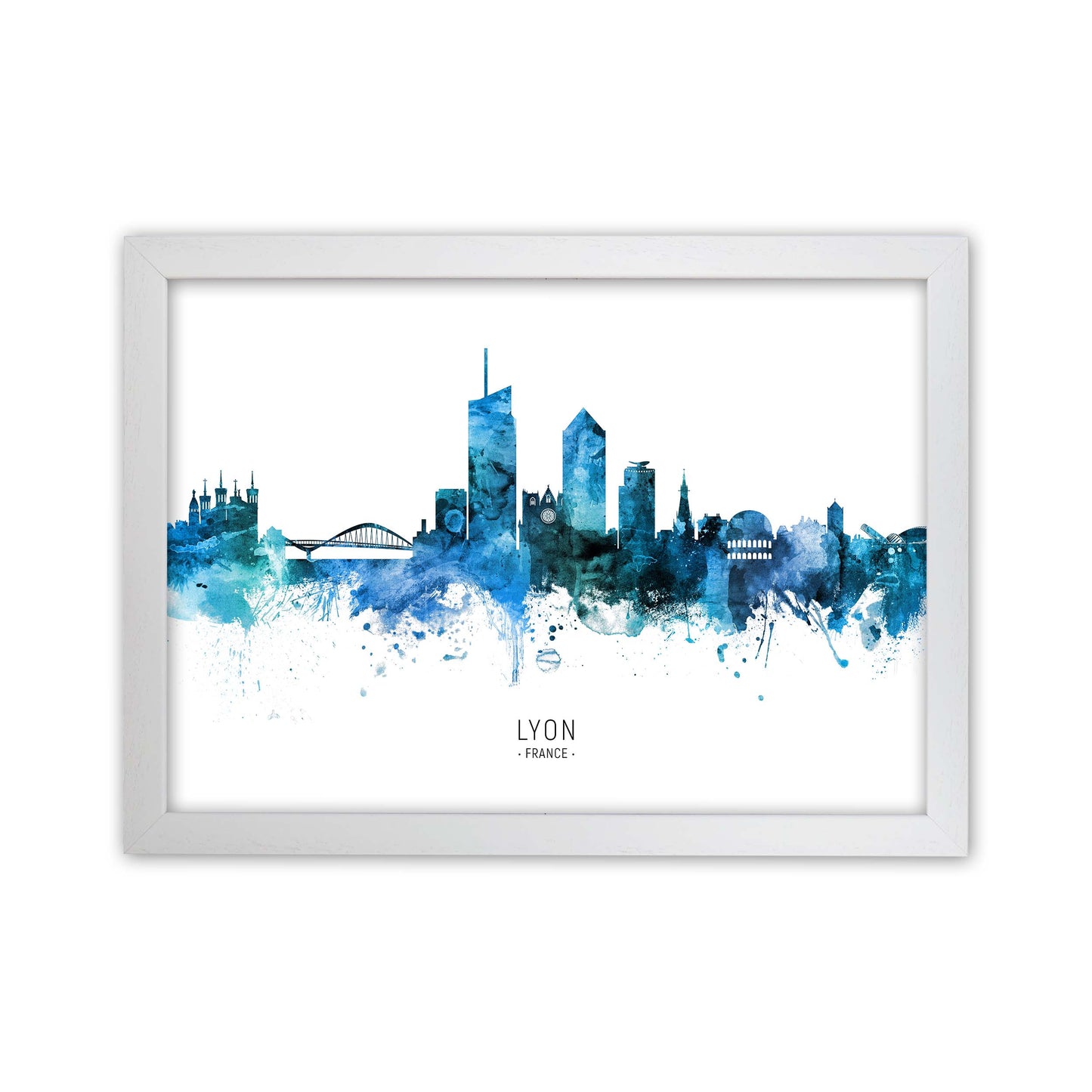 Lyon France Skyline Blue City Name Print by Michael Tompsett White Grain