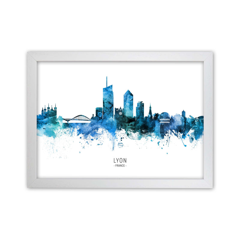 Lyon France Skyline Blue City Name Print by Michael Tompsett White Grain