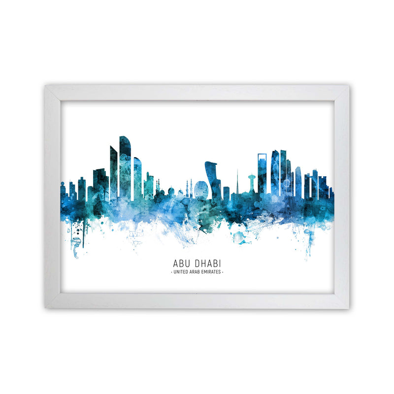 Abu Dhabi United Arab Emirates Skyline Blue City Name  by Michael Tompsett White Grain