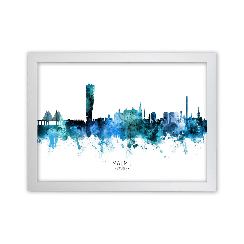 Malmo Sweden Skyline Blue City Name Print by Michael Tompsett White Grain