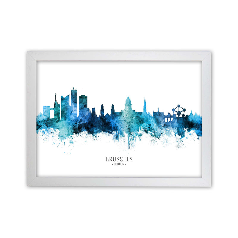 Brussels Belgium Skyline Blue City Name  by Michael Tompsett White Grain
