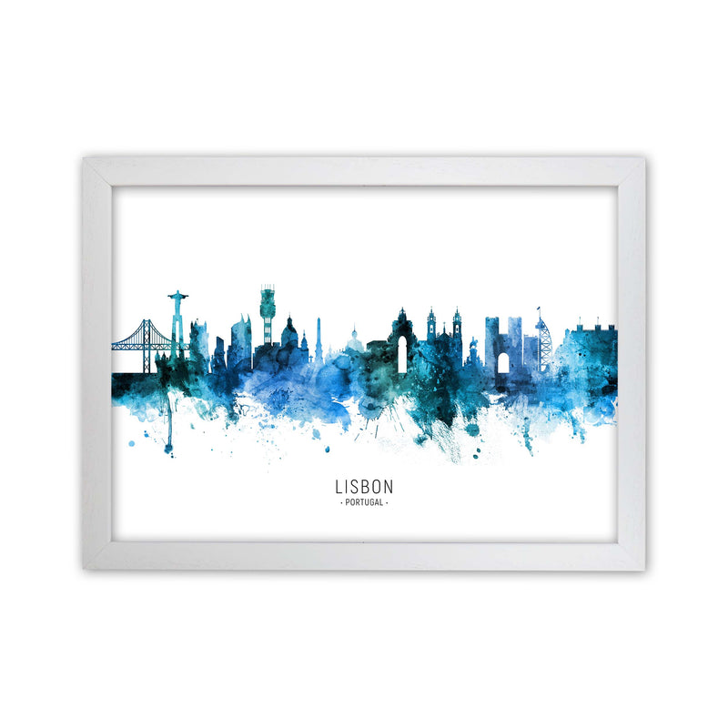 Lisbon Portugal Skyline Blue City Name  by Michael Tompsett White Grain