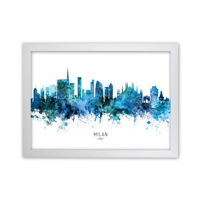 Milan Italy Skyline Blue City Name Print by Michael Tompsett White Grain