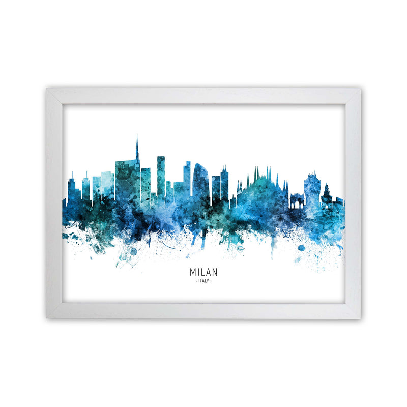 Milan Italy Skyline Blue City Name Print by Michael Tompsett White Grain