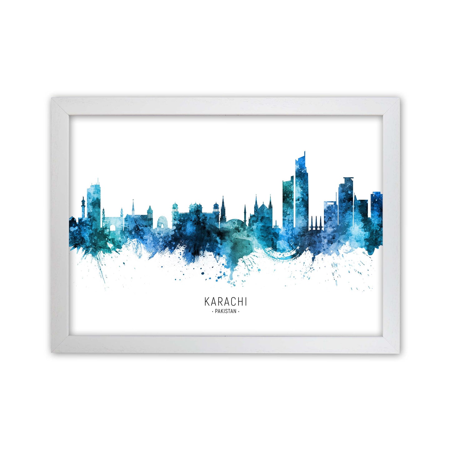 Karachi Pakistan Skyline Blue City Name  by Michael Tompsett White Grain