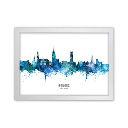 Bruges Belgium Skyline Blue City Name  by Michael Tompsett White Grain