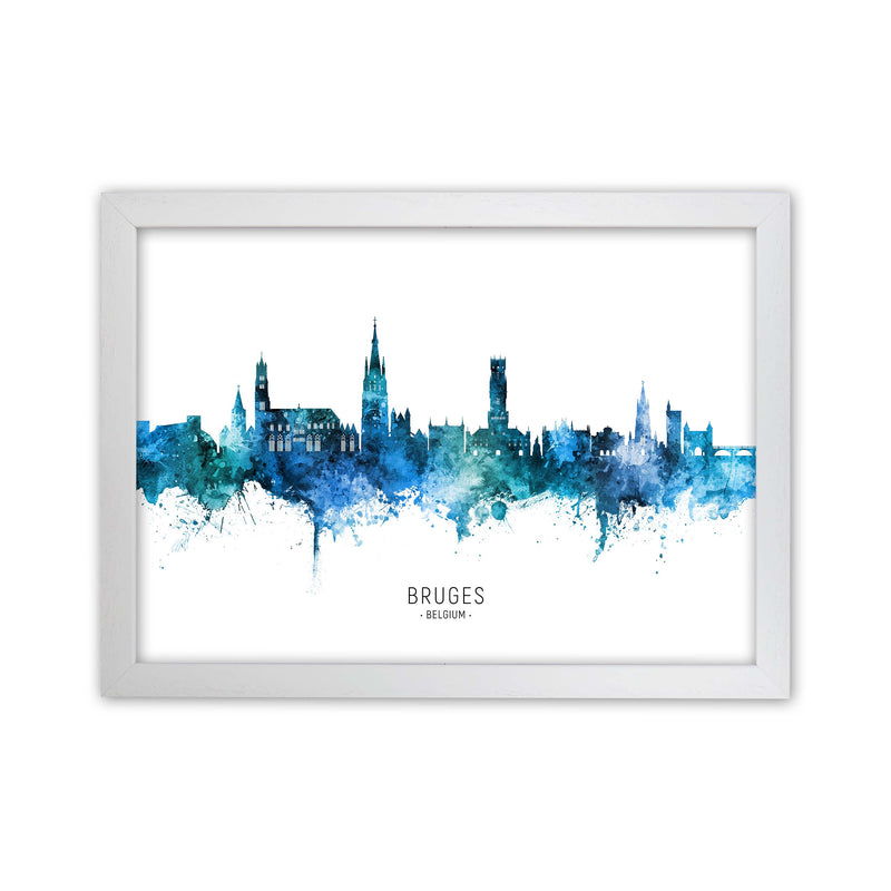 Bruges Belgium Skyline Blue City Name  by Michael Tompsett White Grain