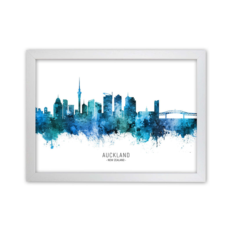 Auckland New Zealand Skyline Blue City Name  by Michael Tompsett White Grain