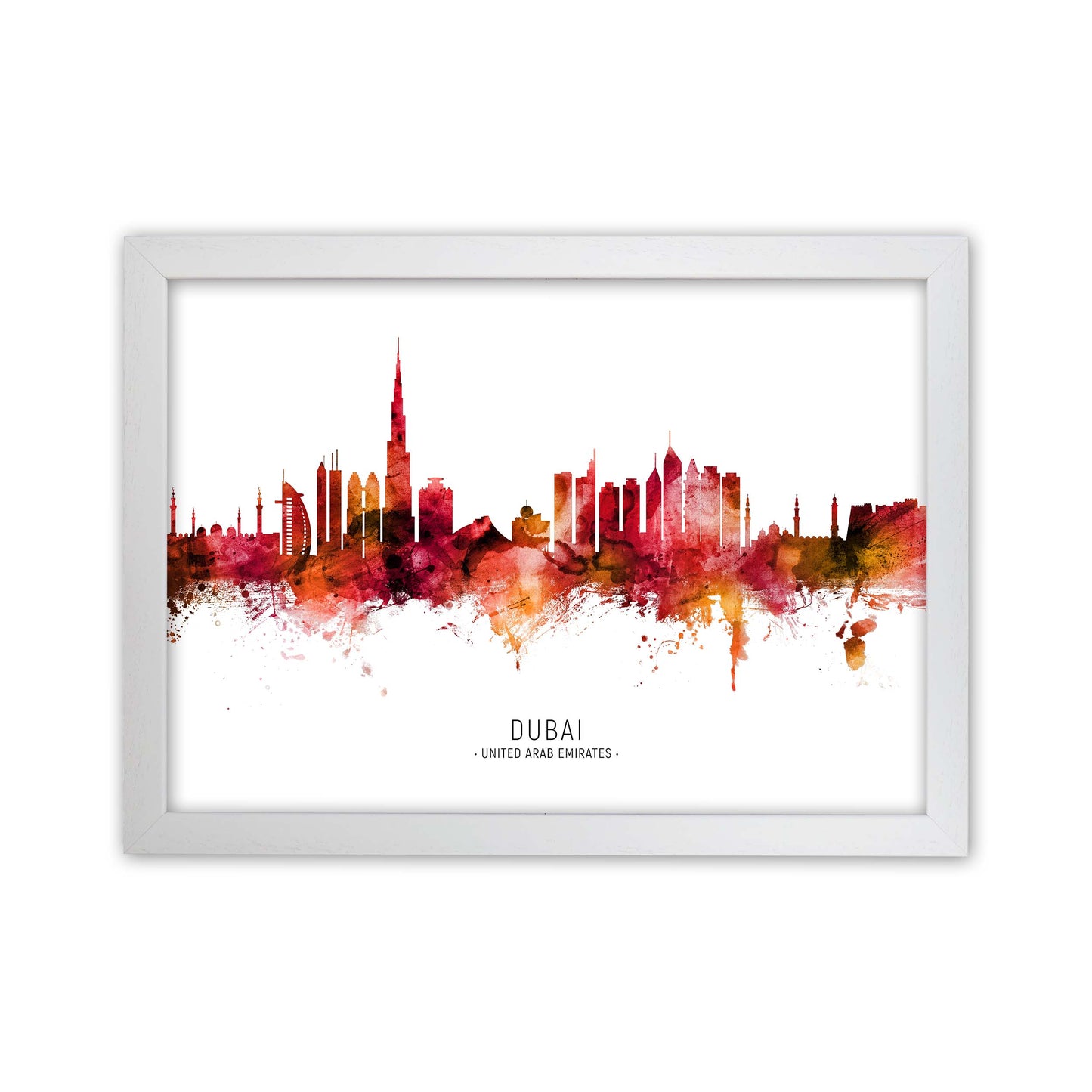 Dubai United Arab Emirates Skyline Red City Name  by Michael Tompsett White Grain