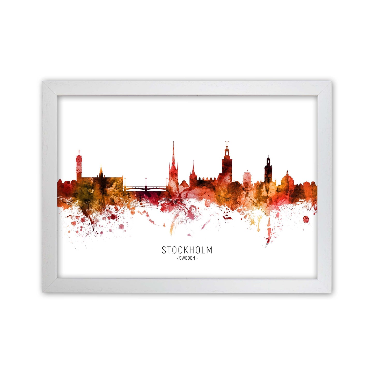 Stockholm Sweden Skyline Red City Name  by Michael Tompsett White Grain