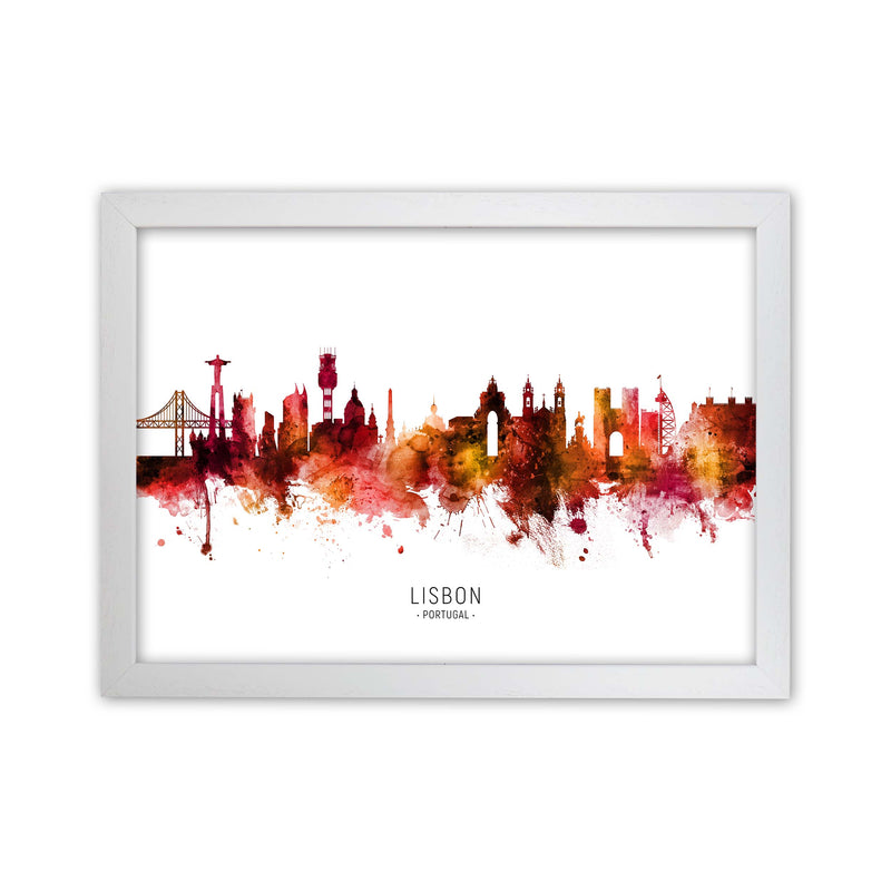 Lisbon Portugal Skyline Red City Name  by Michael Tompsett White Grain