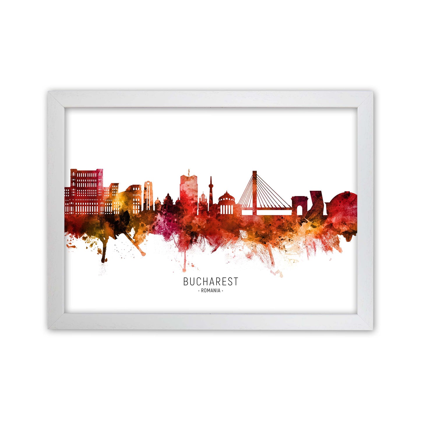 Bucharest Romania Skyline Red City Name  by Michael Tompsett White Grain
