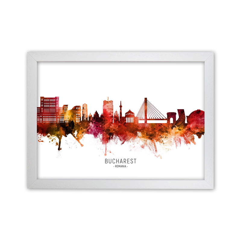 Bucharest Romania Skyline Red City Name  by Michael Tompsett White Grain
