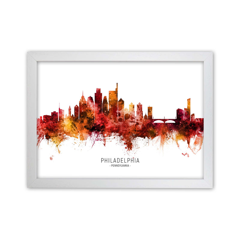 Philadelphia Pennsylvania Skyline Red City Name  by Michael Tompsett White Grain