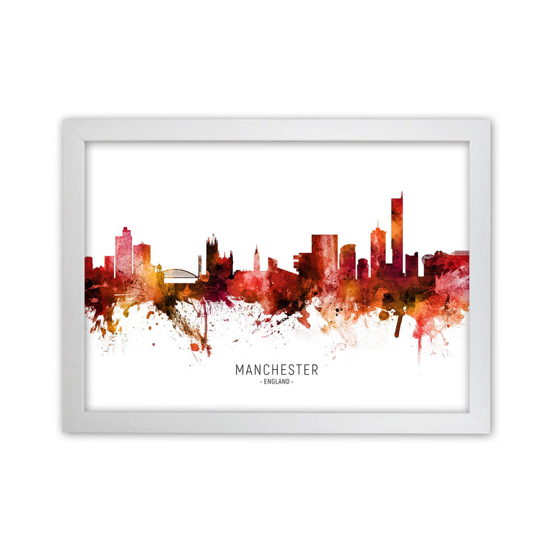 Manchester England Skyline Red City Name  by Michael Tompsett White Grain