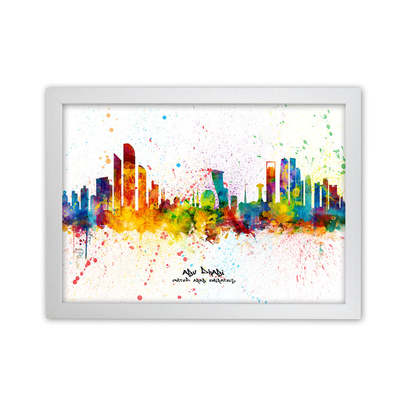 Abu Dhabi United Arab Emirates Skyline Splash Art Print by Michael Tompsett White Grain