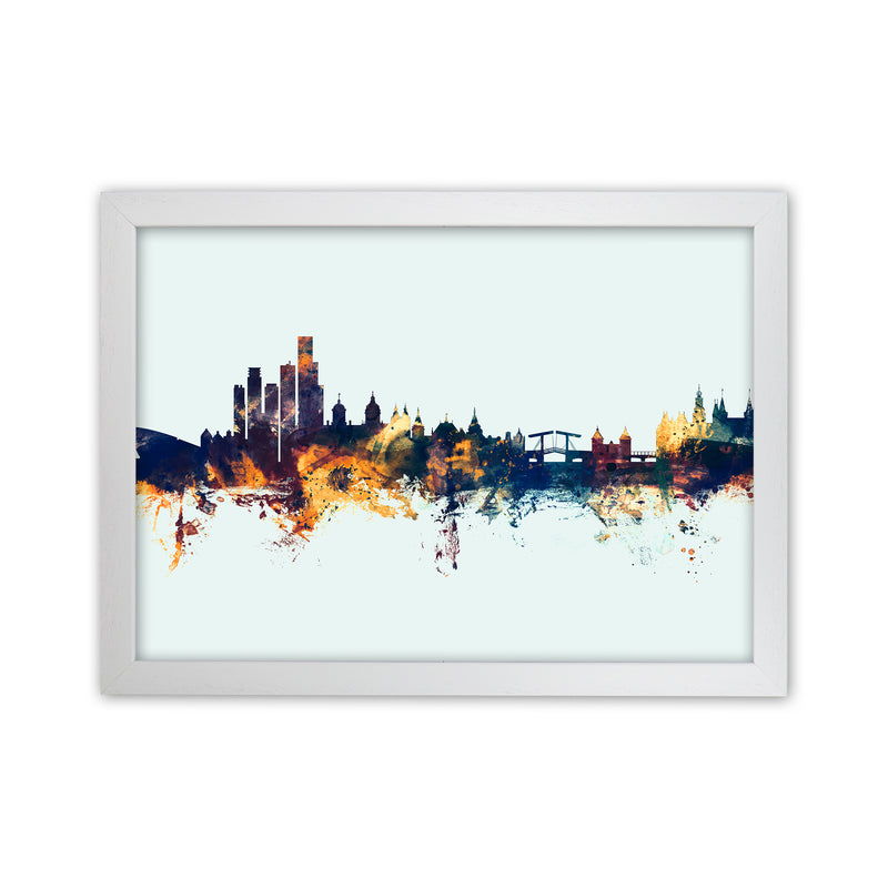 Amsterdam Netherlands Skyline Blue Orange Art Print by Michael Tompsett White Grain