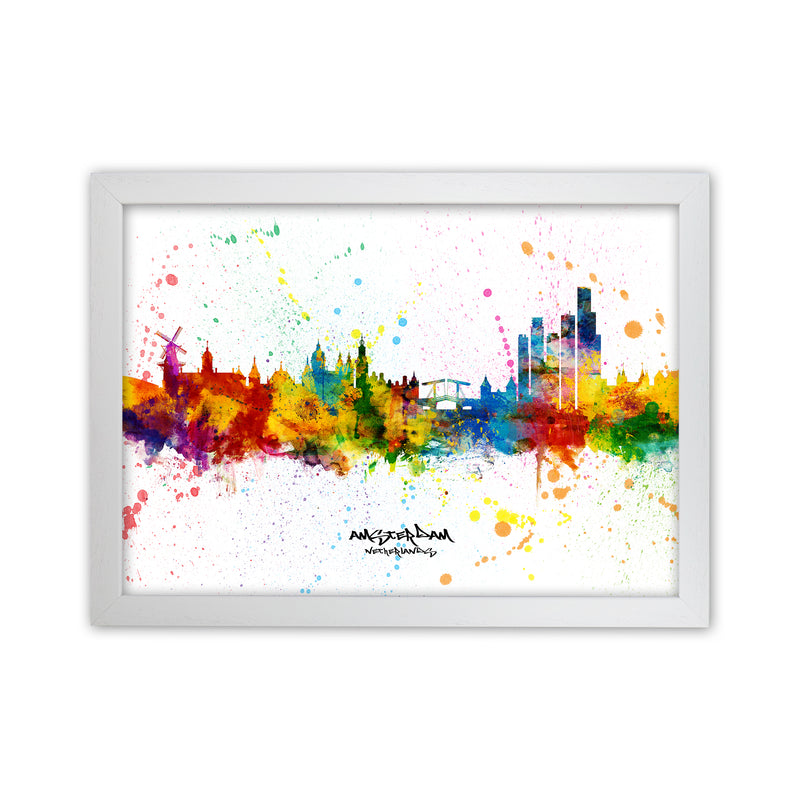 Amsterdam Netherlands Skyline Splash Art Print by Michael Tompsett White Grain