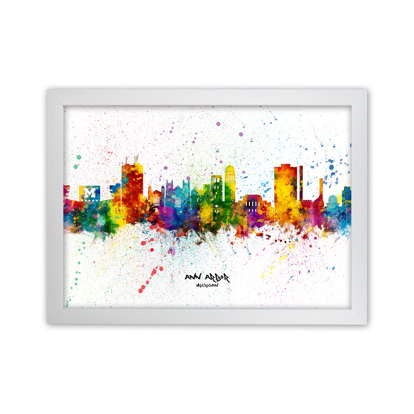 Ann Arbor Michigan Skyline Splash Art Print by Michael Tompsett White Grain