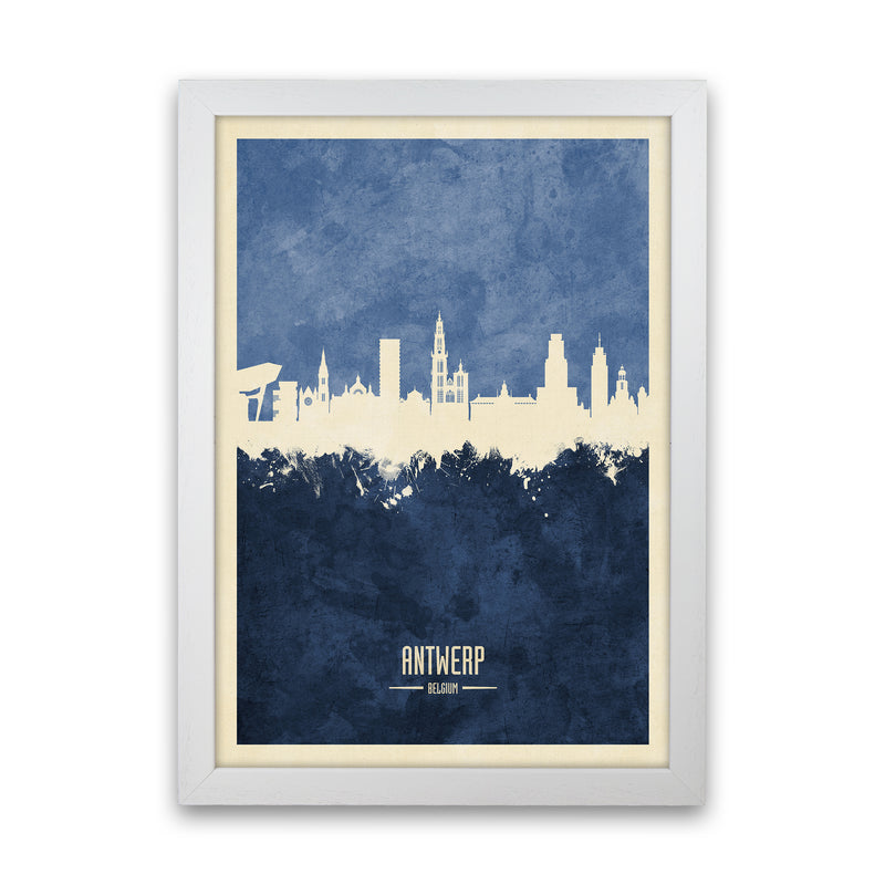 Antwerp Belgium Skyline Portrait Navy Art Print by Michael Tompsett White Grain