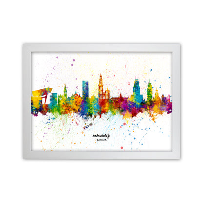 Antwerp Belgium Skyline Splash Art Print by Michael Tompsett White Grain